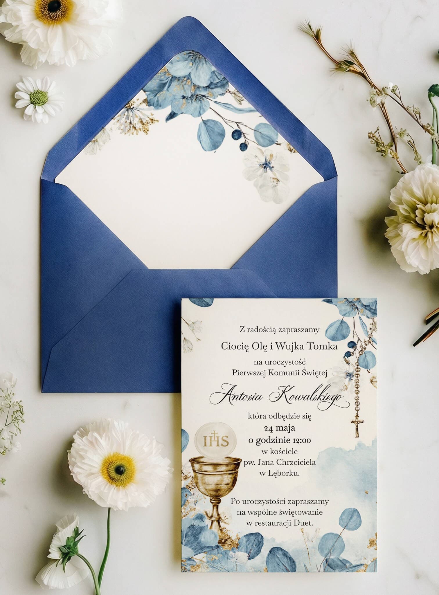 First Holy Communion Invitations with Blue Leaves and IHS – Lukrecja No. 3
