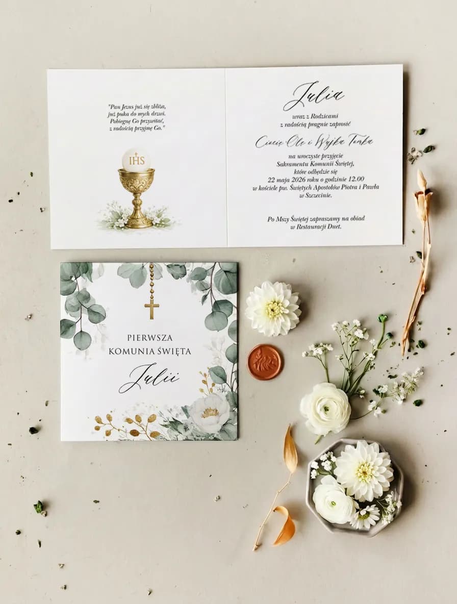 Communion Invitation with Eucalyptus and Cross Matylda No. 6