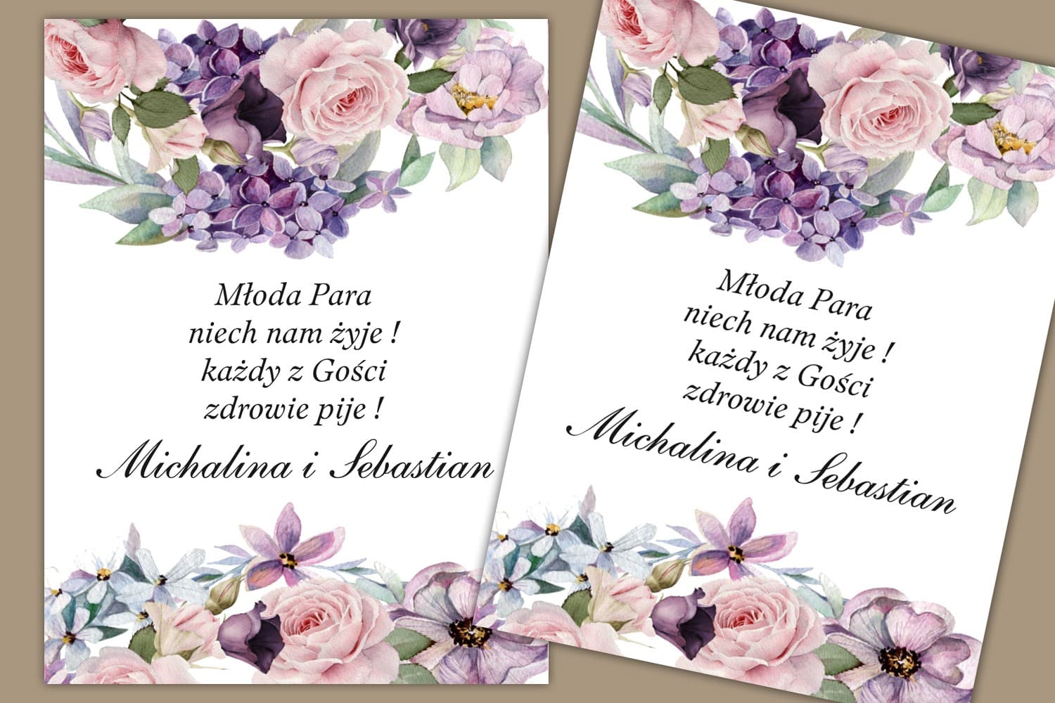 Flaschenetiketten Hochzeit Blumen Violett-Rosa | Aufkleber für Hochzeitsalkohol | Sorento Nr. 2
