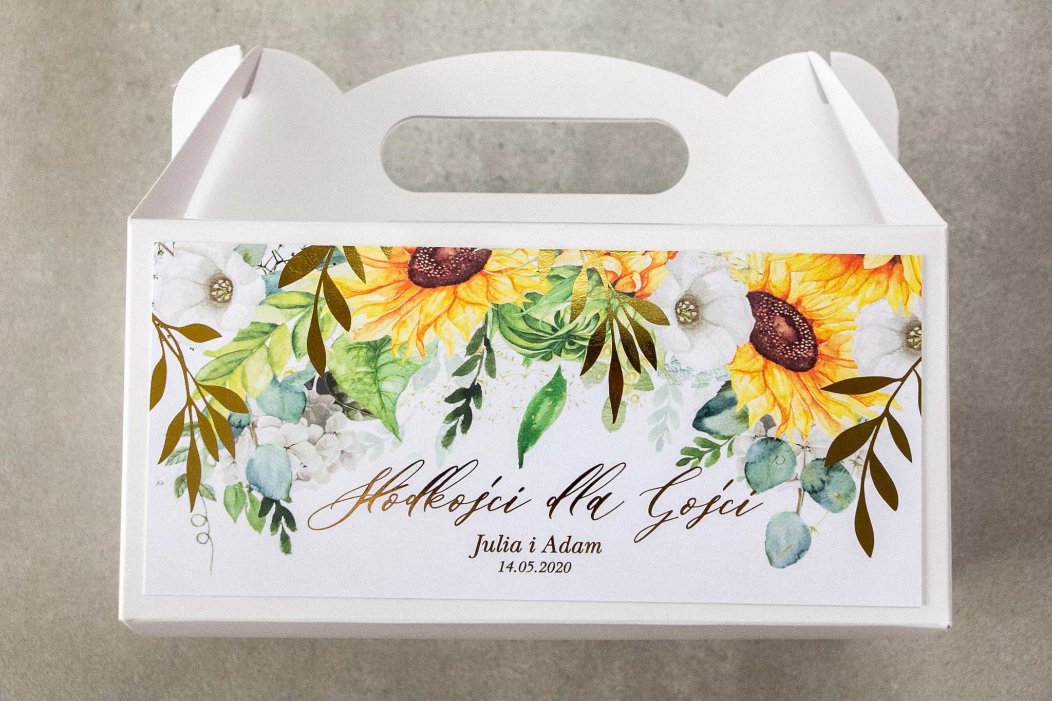 Rubin No. 7 Wedding Cake Boxes – Gold Foiled Sunflower Design