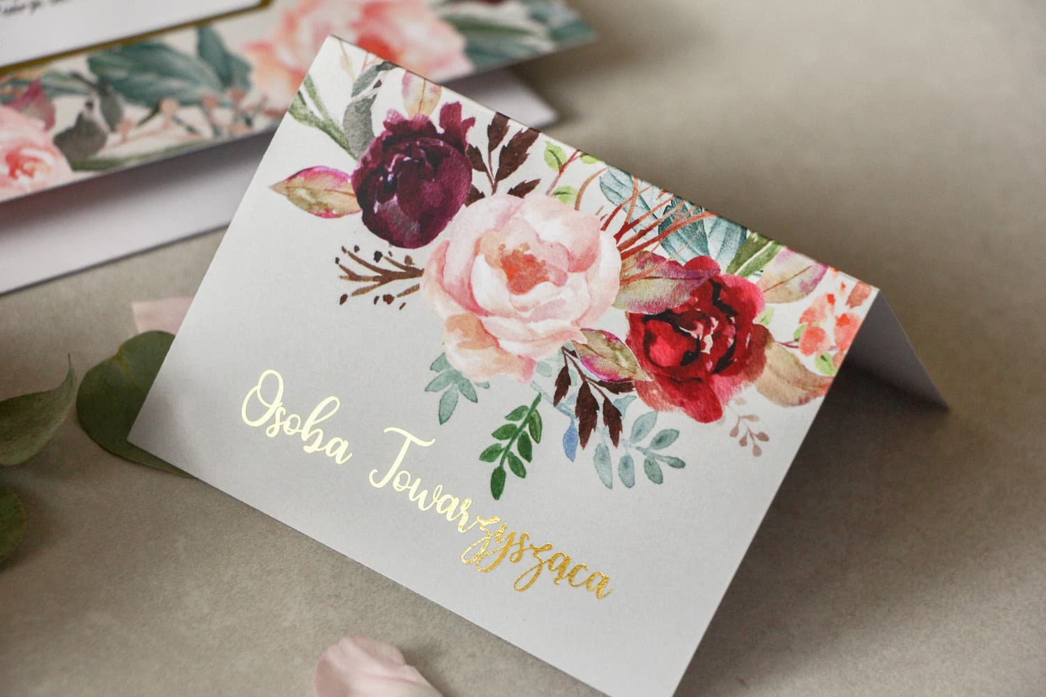 Lotus No. 5 Wedding Place Cards – Gold Foiled Burgundy Peony Table Cards