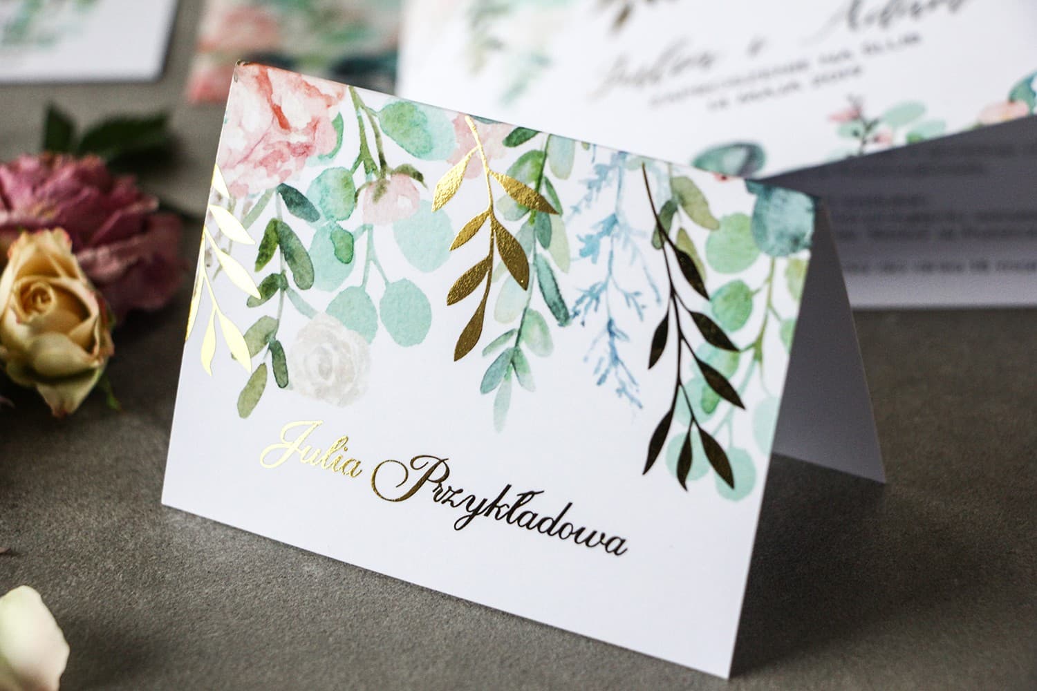 Rubin No. 2 Wedding Place Cards – Gilded Table Cards with Pink Peonies