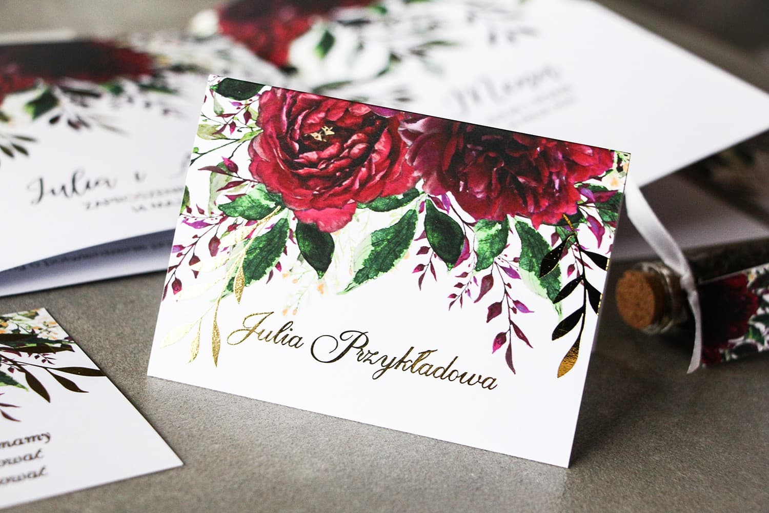 Rubin No. 3 Wedding Place Cards – Gold Foiled Table Cards with Burgundy Peonies