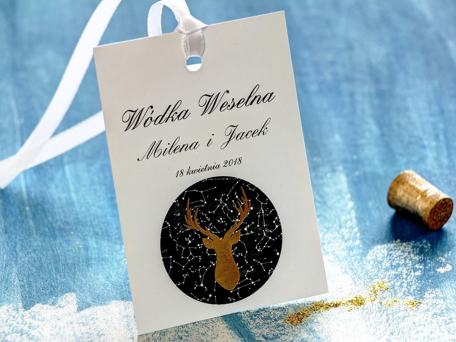 Foil Pressed Stag Wedding Favour Tags | Wedding Vodka Bottle Tags | Moonlit Night No. 6