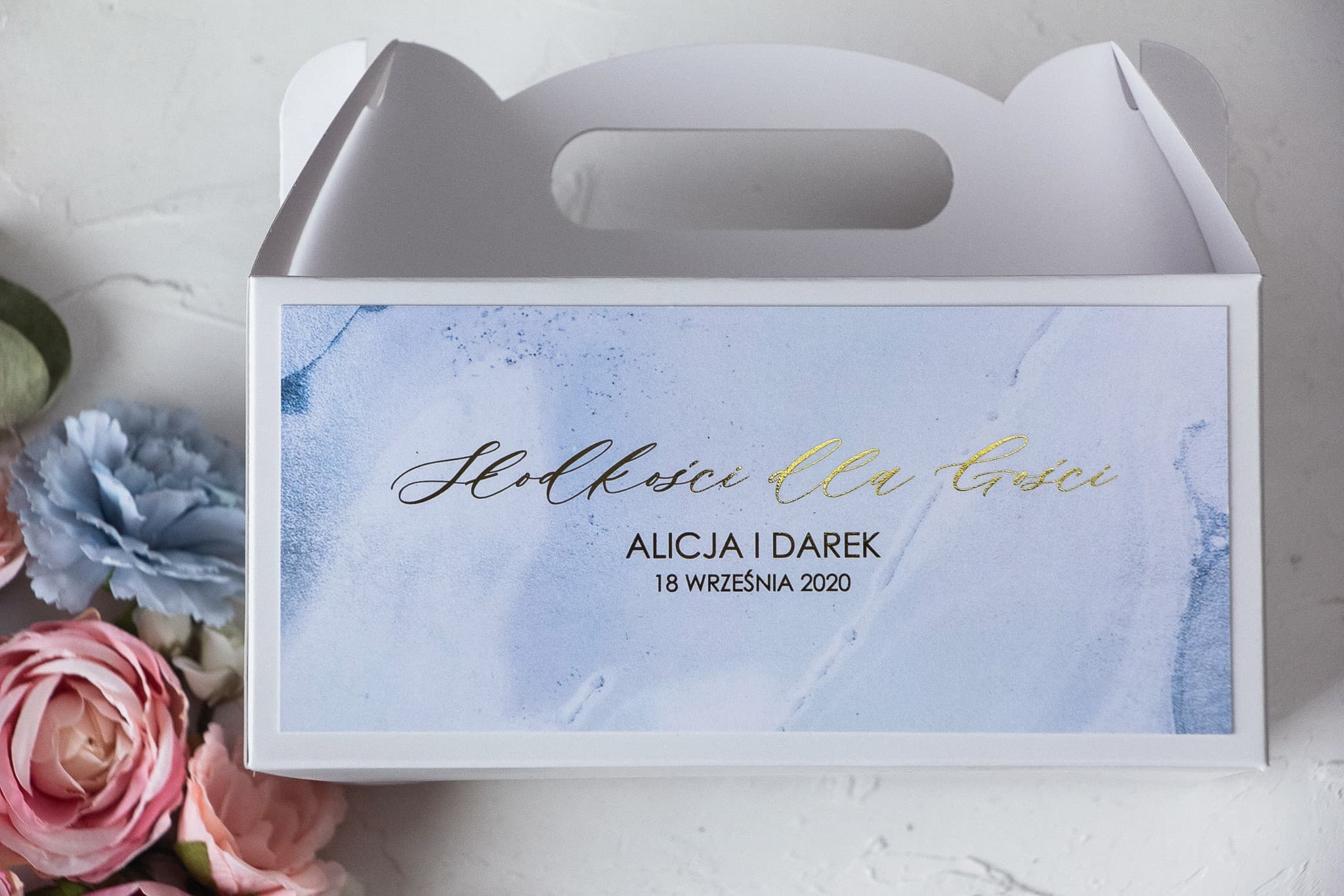 Elegant Blue Foiled Wedding Cake Box | Guest Favours | Marble No. 3