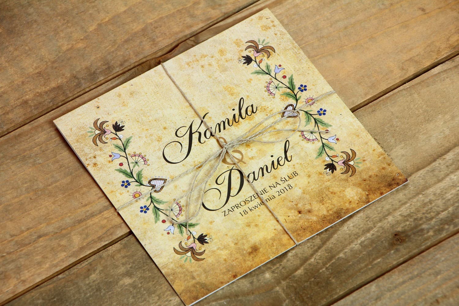 Kashubian Wedding Invitations with Colorful Pattern and Jute Twine – Folk No. 3