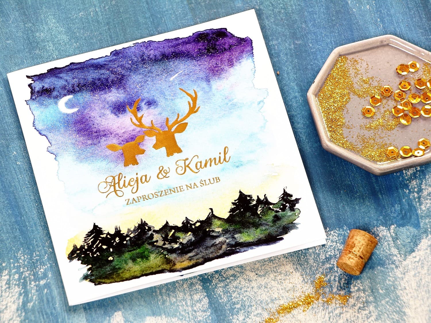Forest Wedding Invitations with Night Sky and Gold Stags – Moonlit Night No. 9