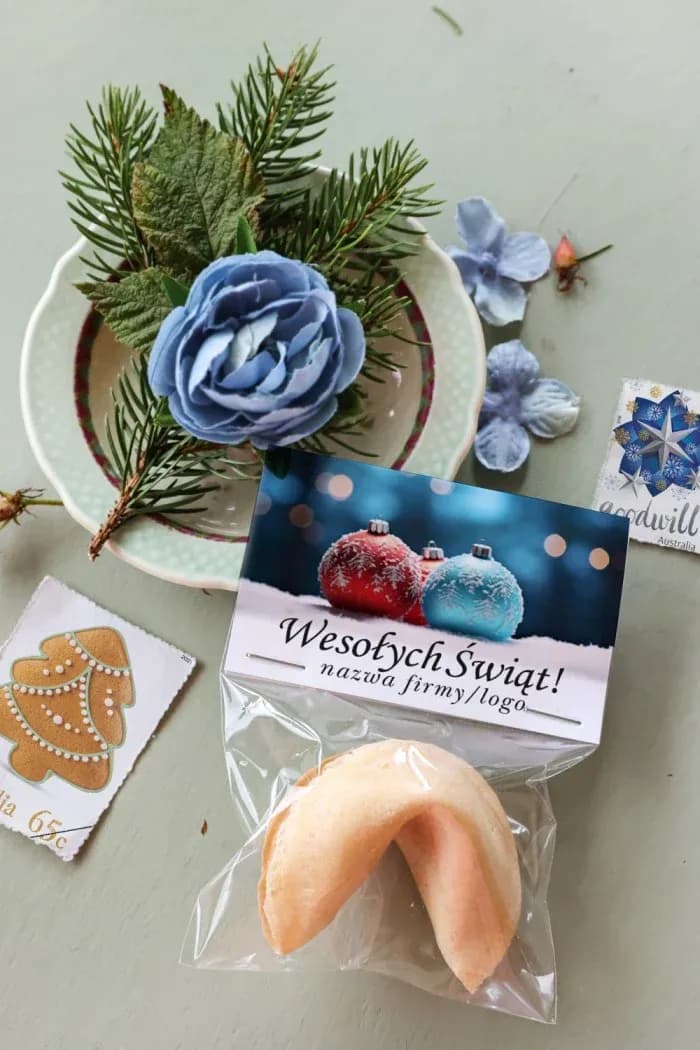 Personalized fortune cookie with company logo and colorful Christmas baubles motif