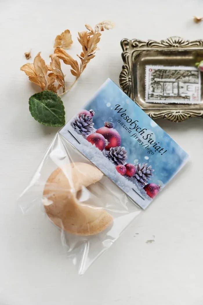 Galleta de la fortuna personalizada con logo de empresa y motivo de piñas y bolas doradas sobre nieve