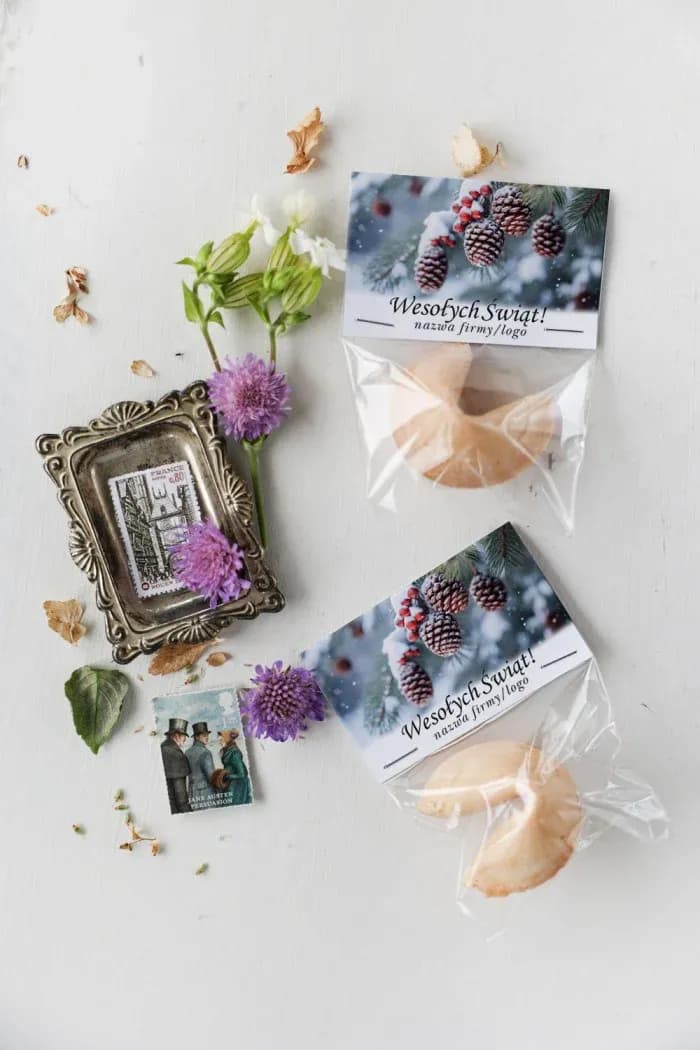 Galleta de la fortuna personalizada con logo de empresa y motivo de piñas en la nieve