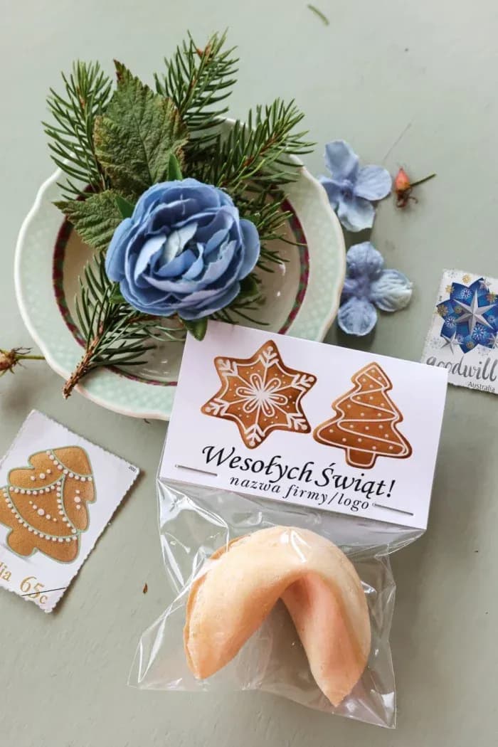 Galleta de la fortuna en envoltorio con gráfico de galletas de jengibre tradicionales sobre fondo blanco