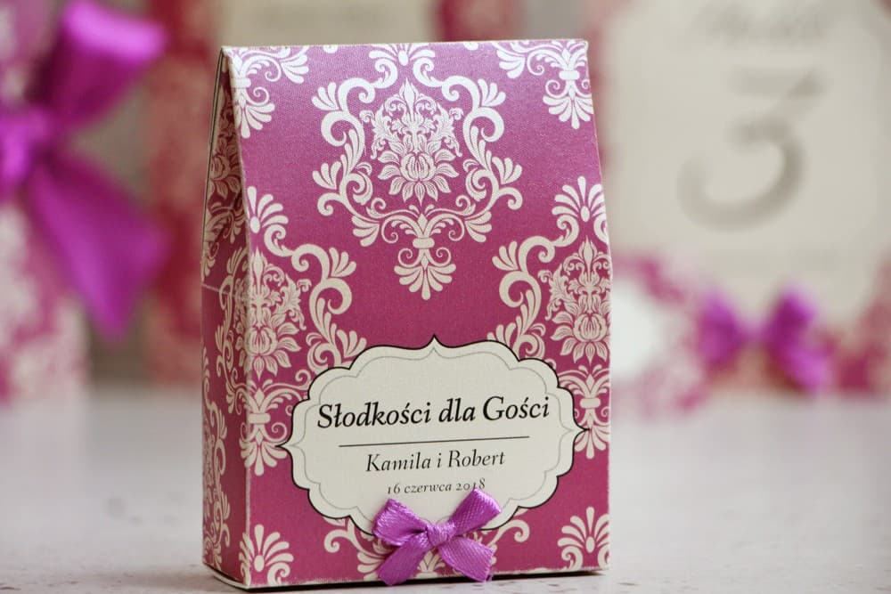 Stehende Box für Süßigkeiten, Gastgeschenke zur Hochzeit - Ornament Nr. 7 - Violett mit Ornamenten, Perlmuttpapier