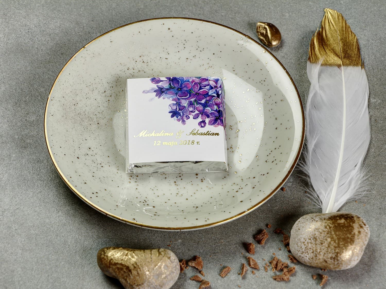 Vergoldete Hochzeitsschokoladen mit Flieder | Personalisierte Gastgeschenke | Sorento Nr. 11