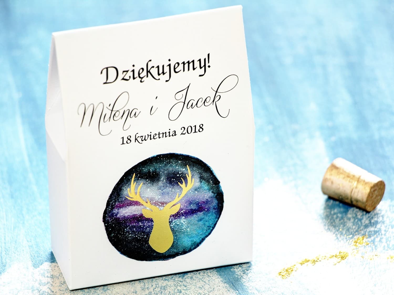 Schachtel mit goldenem Hirsch und Süßigkeiten | Gastgeschenke Hochzeit | Kollektion Księżycowa Noc Nr. 8