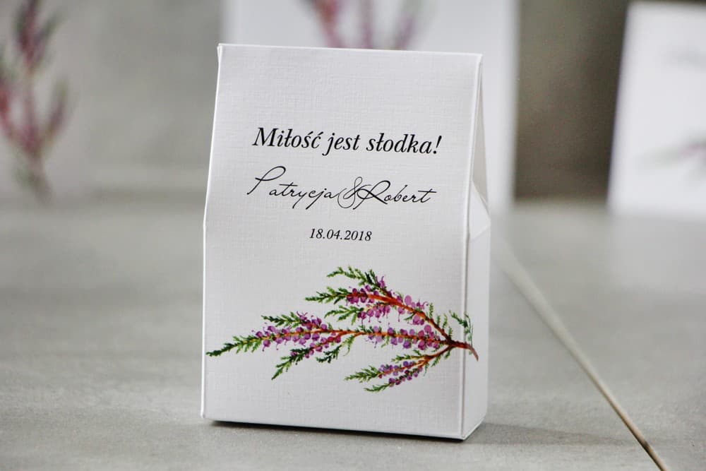 Stehende Schachtel für Süßigkeiten, Gastgeschenk für Hochzeitsgäste - Pistacjowe Nr. 22 - Heidekraut-Zweig