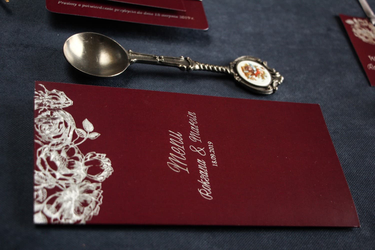 Elegant Folded Wedding Menu with Silver Foiling, Burgundy Background | Glamour Wedding Table Menu | Mikado No. 2