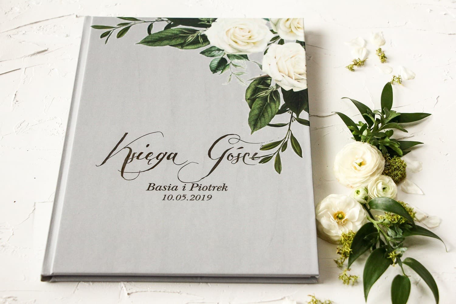 Glamour Style Wedding Guest Book with White Roses and Silver Text | Pastel No. 2