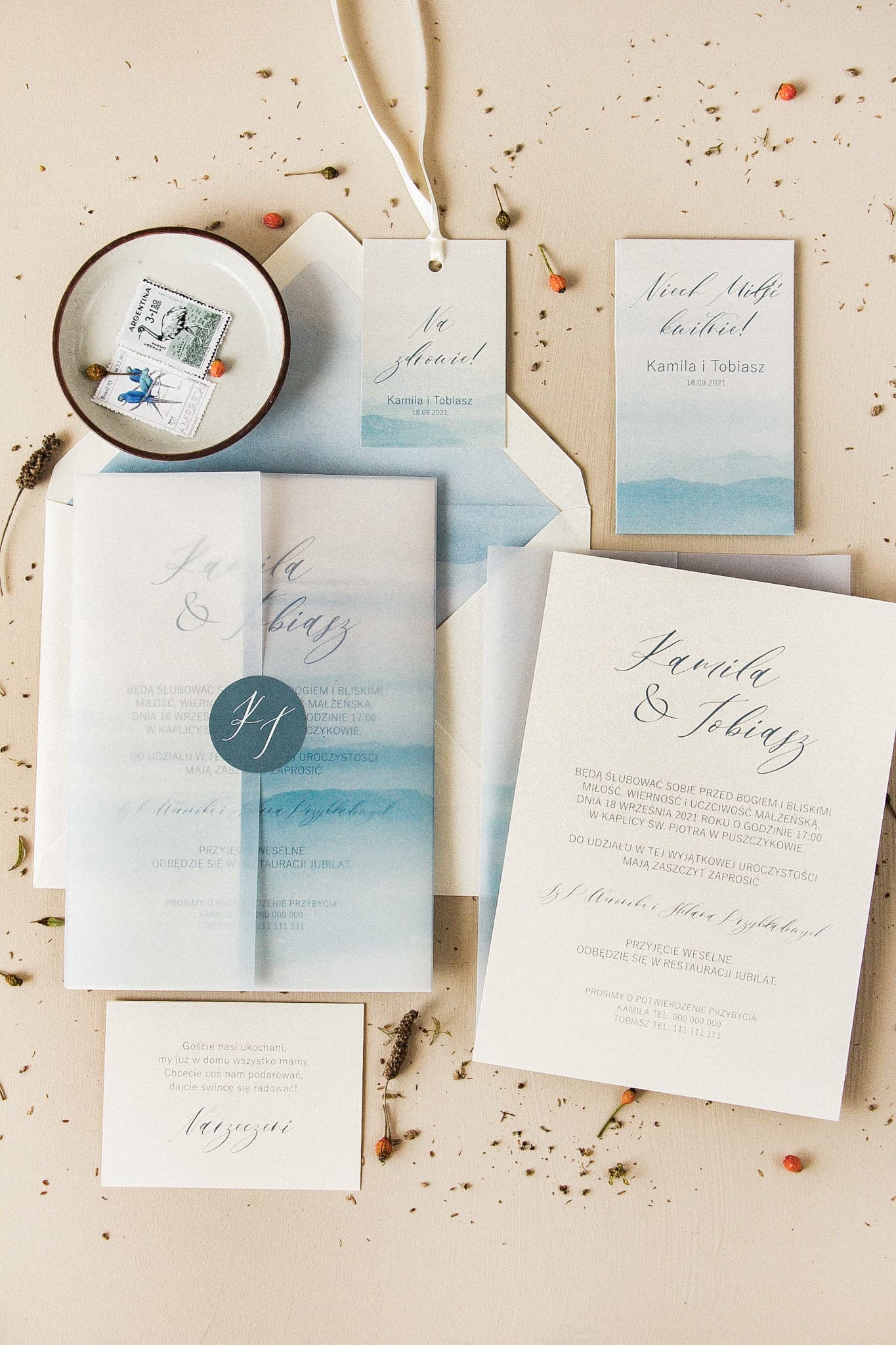 Glamour Wedding Invitations with Vellum and Blue Watercolour on Pearlescent Paper – Opal No. 4