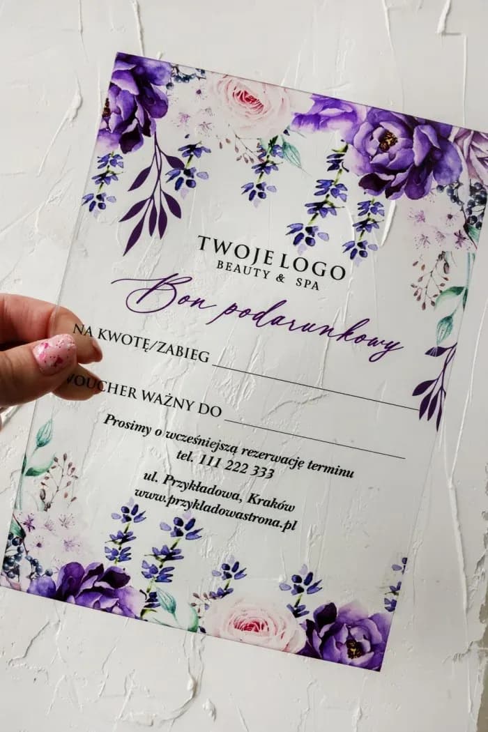 Romantic glass voucher with pastel flowers, ideal for premium services, model VS6.
