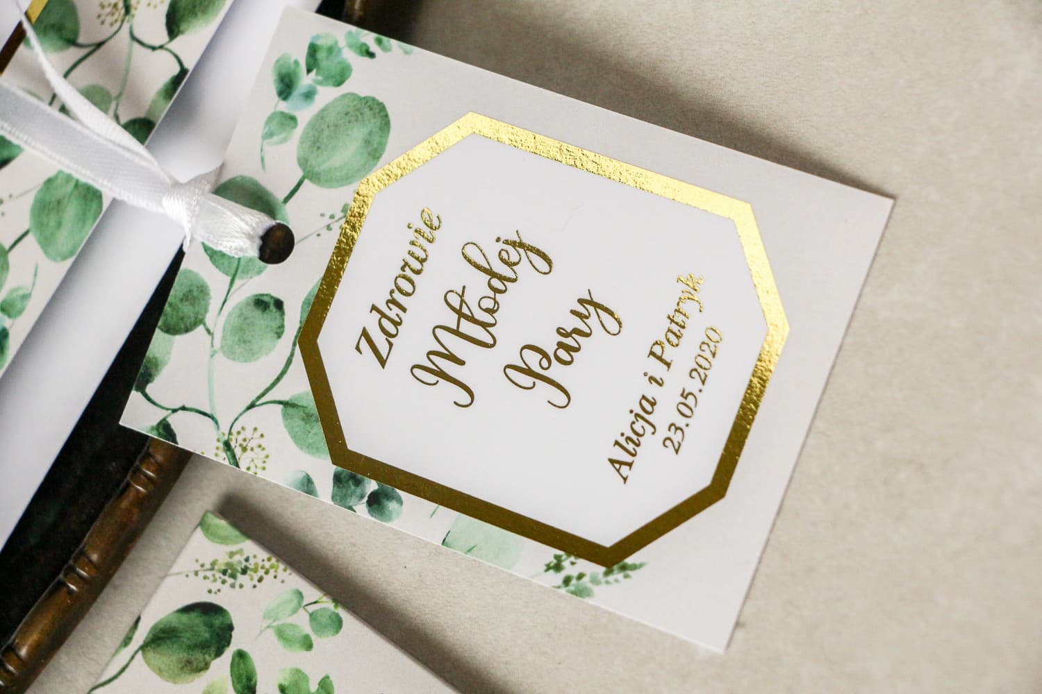 Gold Foiled Eucalyptus Wedding Bottle Tags | Elegant Alcohol Labels | Lotus No. 3