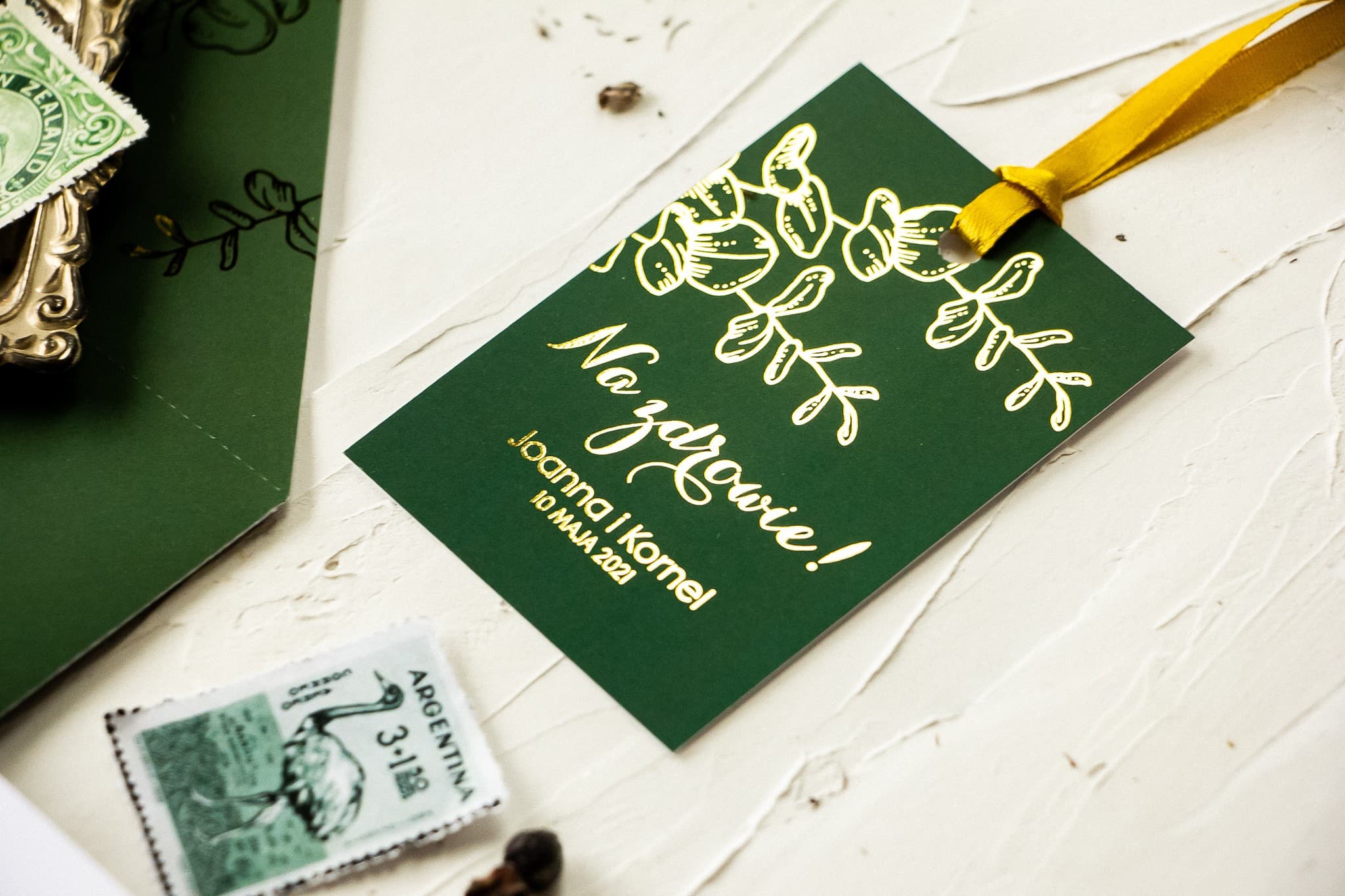 Gold Foiled Forest Green Eucalyptus Alcohol Tags | Wedding Vodka Tags | Design 2