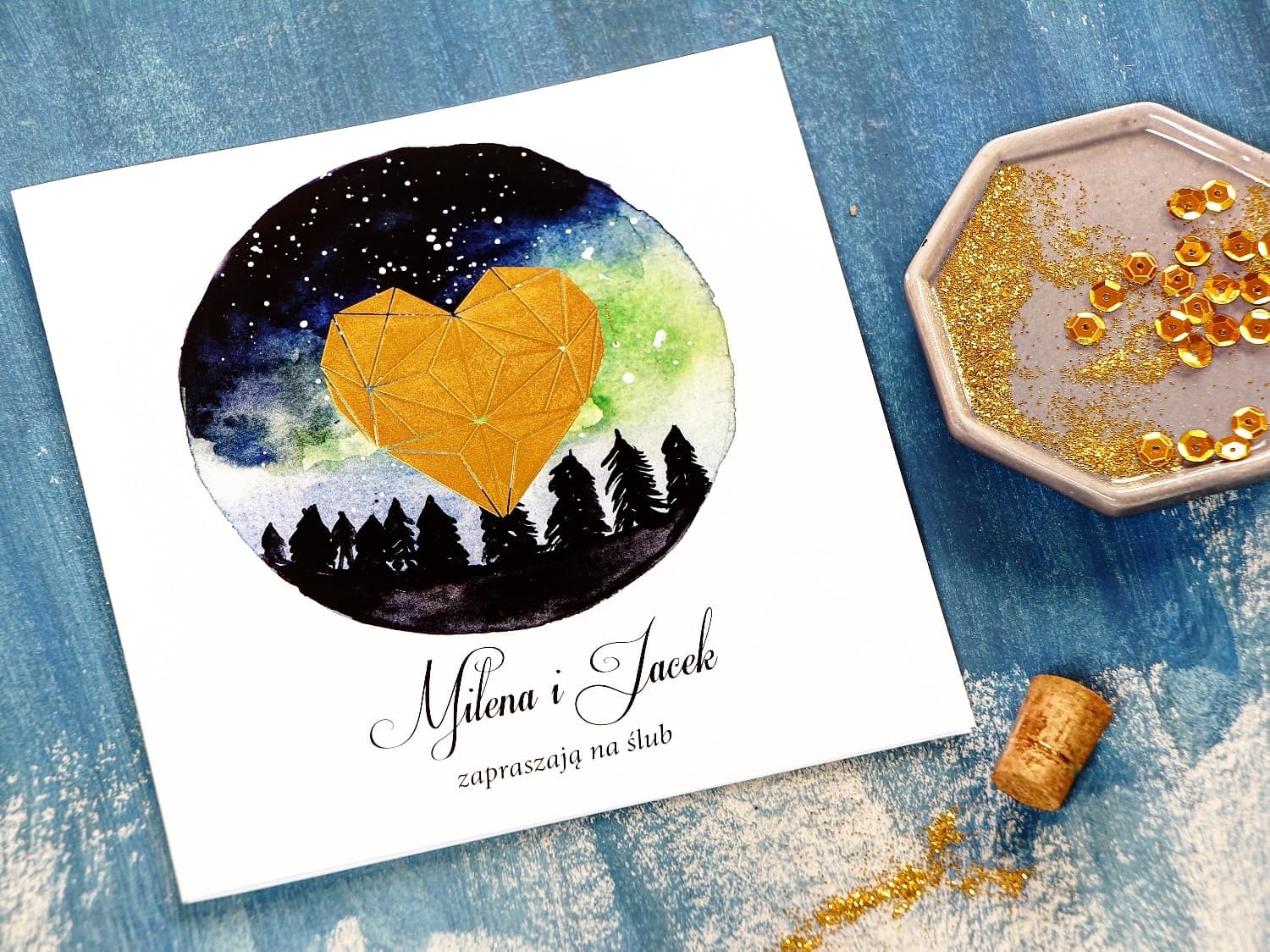 Navy Blue Glamour Wedding Invitation with Gold Foiled Heart – Moonlit Night No. 4