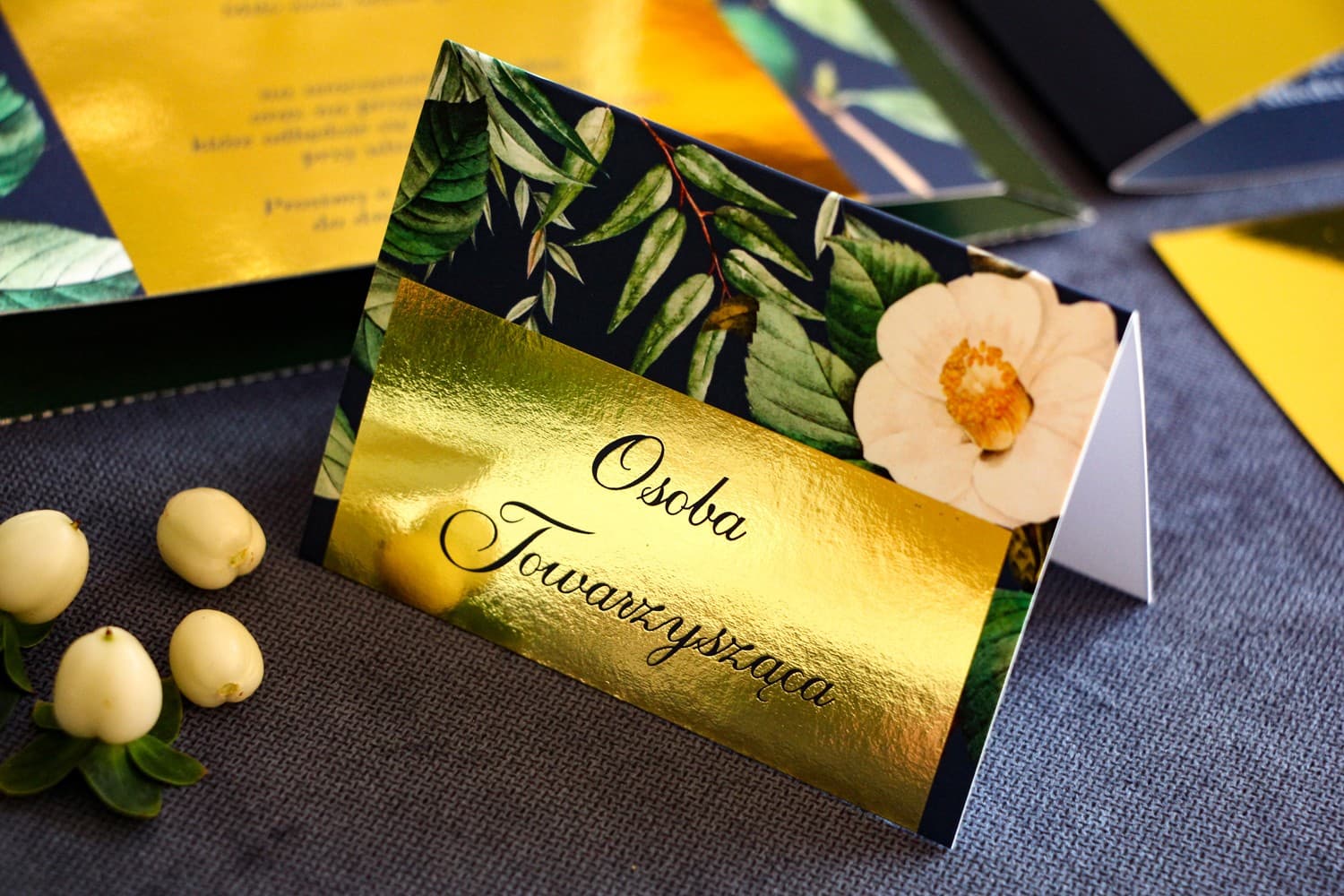 Laura No. 2 Wedding Place Cards – Gold Foiled Table Cards with White Camellia Motif