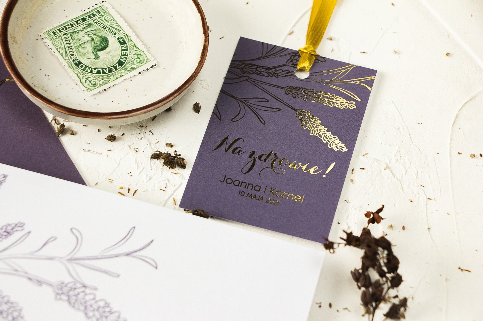 Gold Foiled Lavender Wedding Alcohol Tags | Elegant Bottle Labels | Design 3