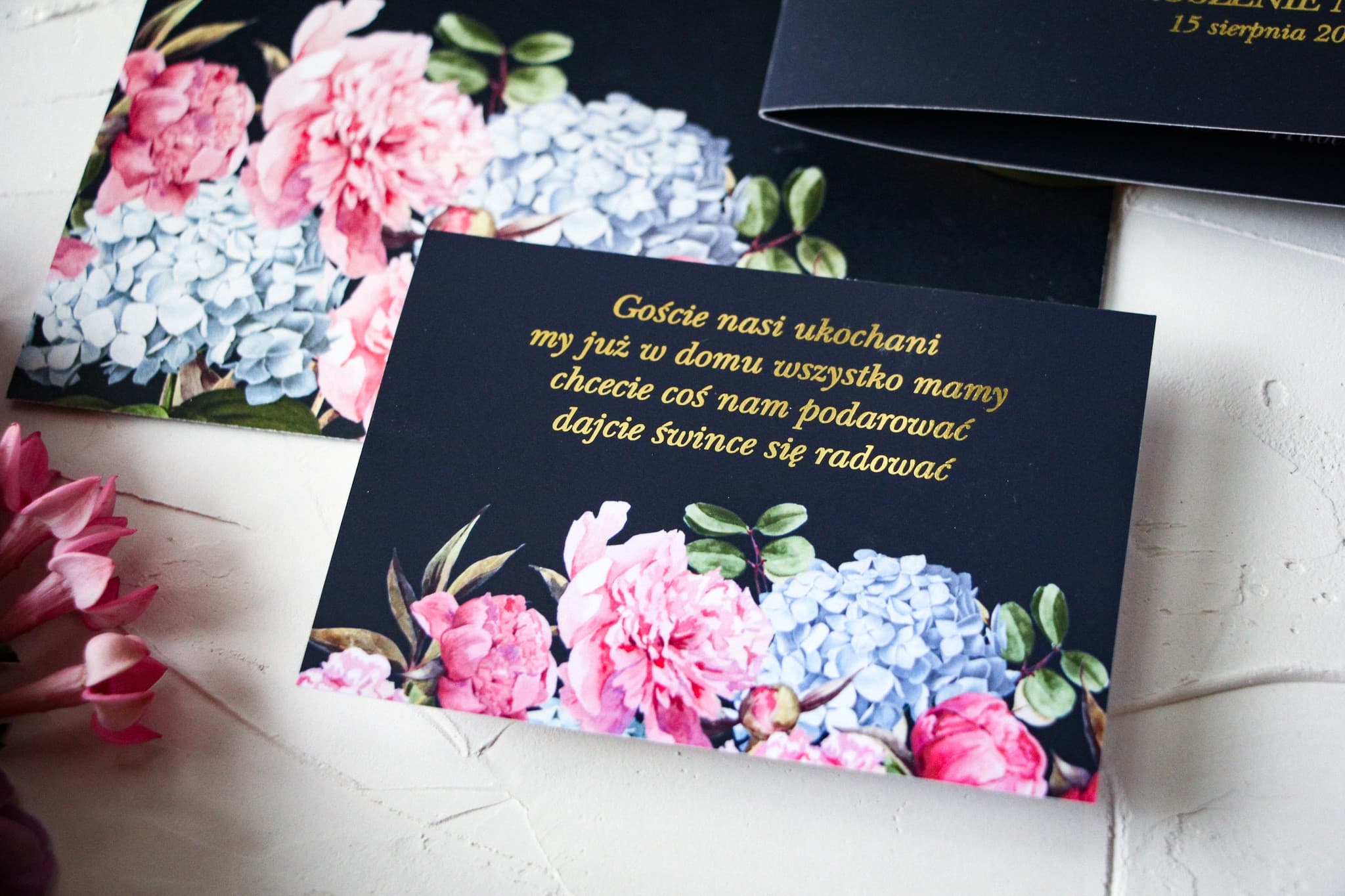 Gold Foiled Navy Blue Wedding Invitation Insert | Peonies & Hydrangeas | Szafirowe No. 5