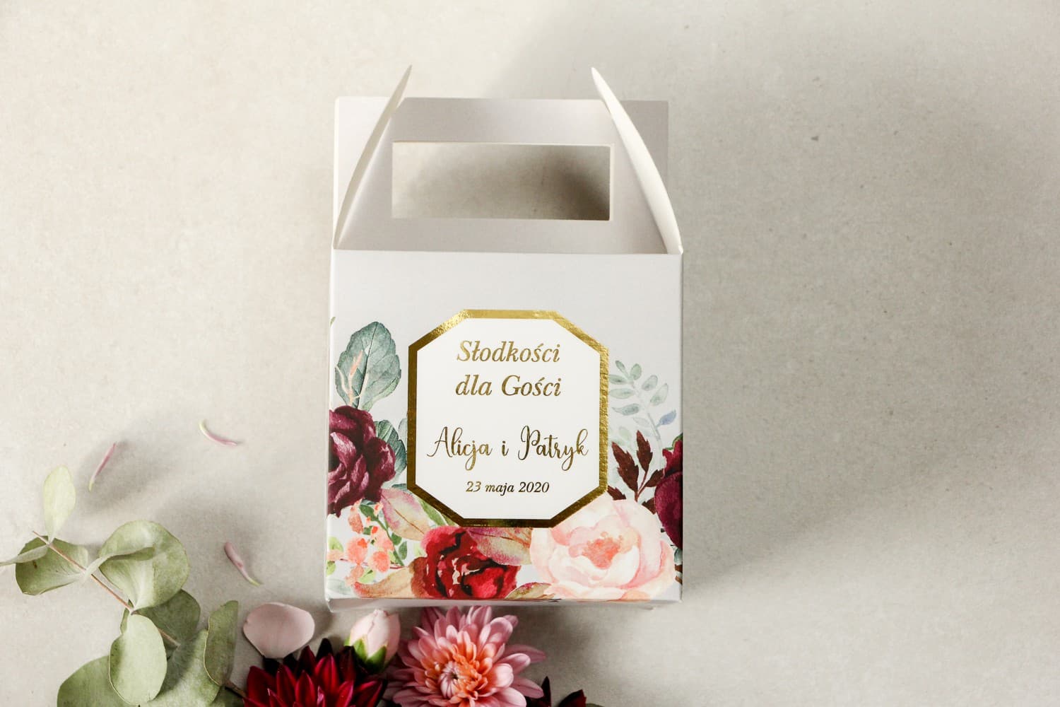 Elegant Wedding Cake Box with Handle, Burgundy Peonies & Gold Foiling | Lotus No. 5