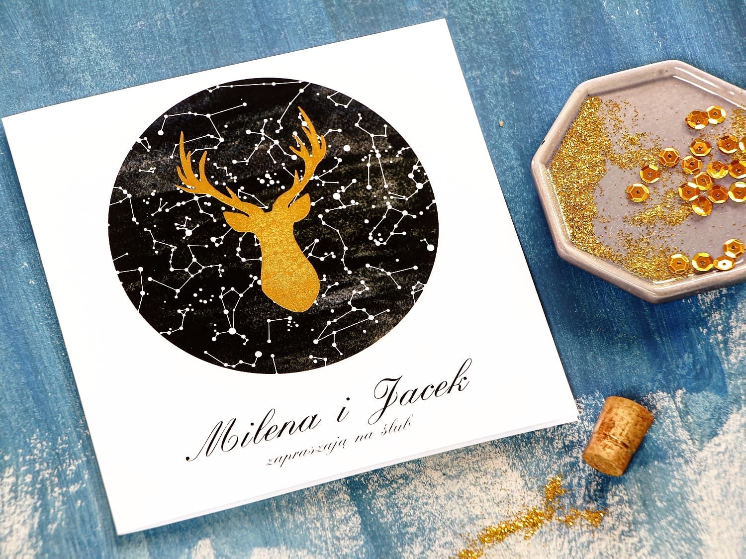 Forest Style Wedding Invitation with Gold Foiled Stag and Stars – Moonlit Night No. 6