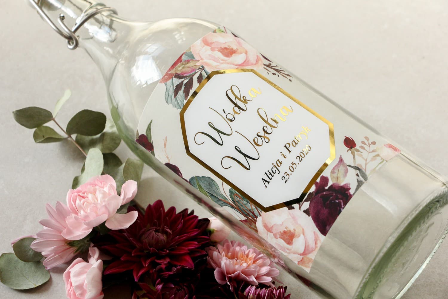 Gold Foiled Wedding Vodka Labels with Peonies | Alcohol Stickers, Wedding Bottles | Lotus No. 5