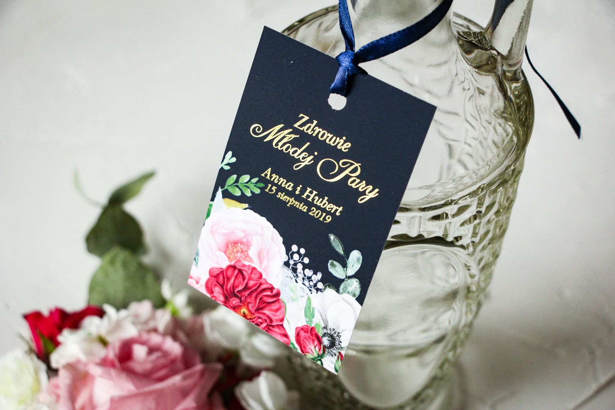 Gold Foiled Wedding Vodka Tags with Peonies | Personalized Alcohol Labels | Szafirowe No. 4