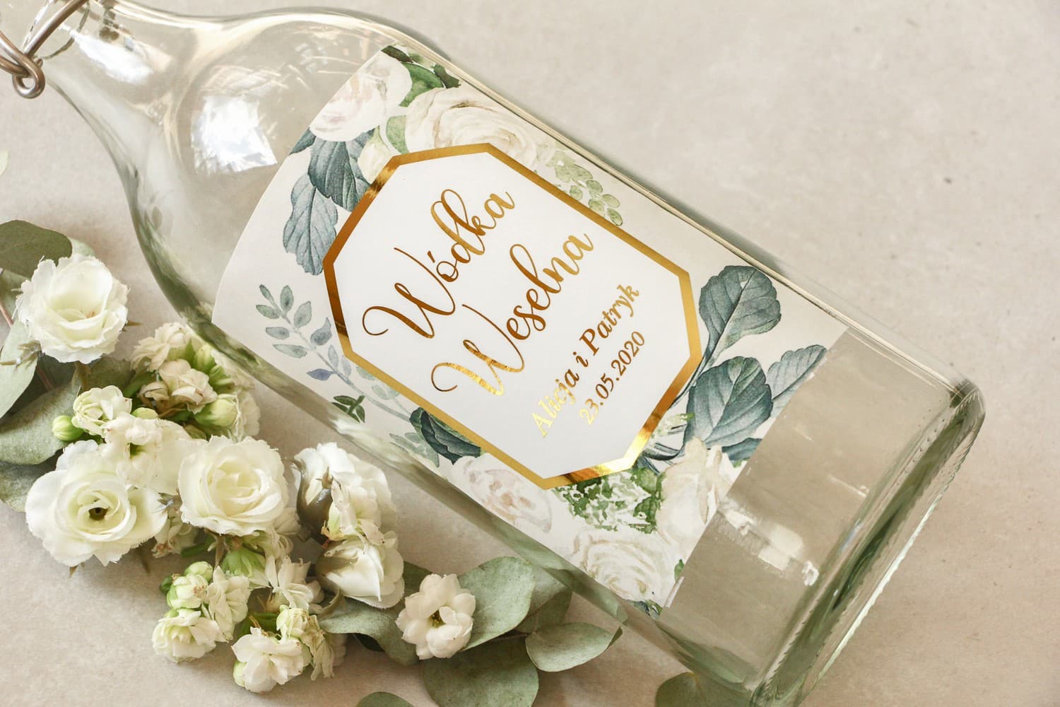 Gold Foiled White Rose Bottle Labels | Personalized Wedding Vodka Stickers | Lotus No. 4