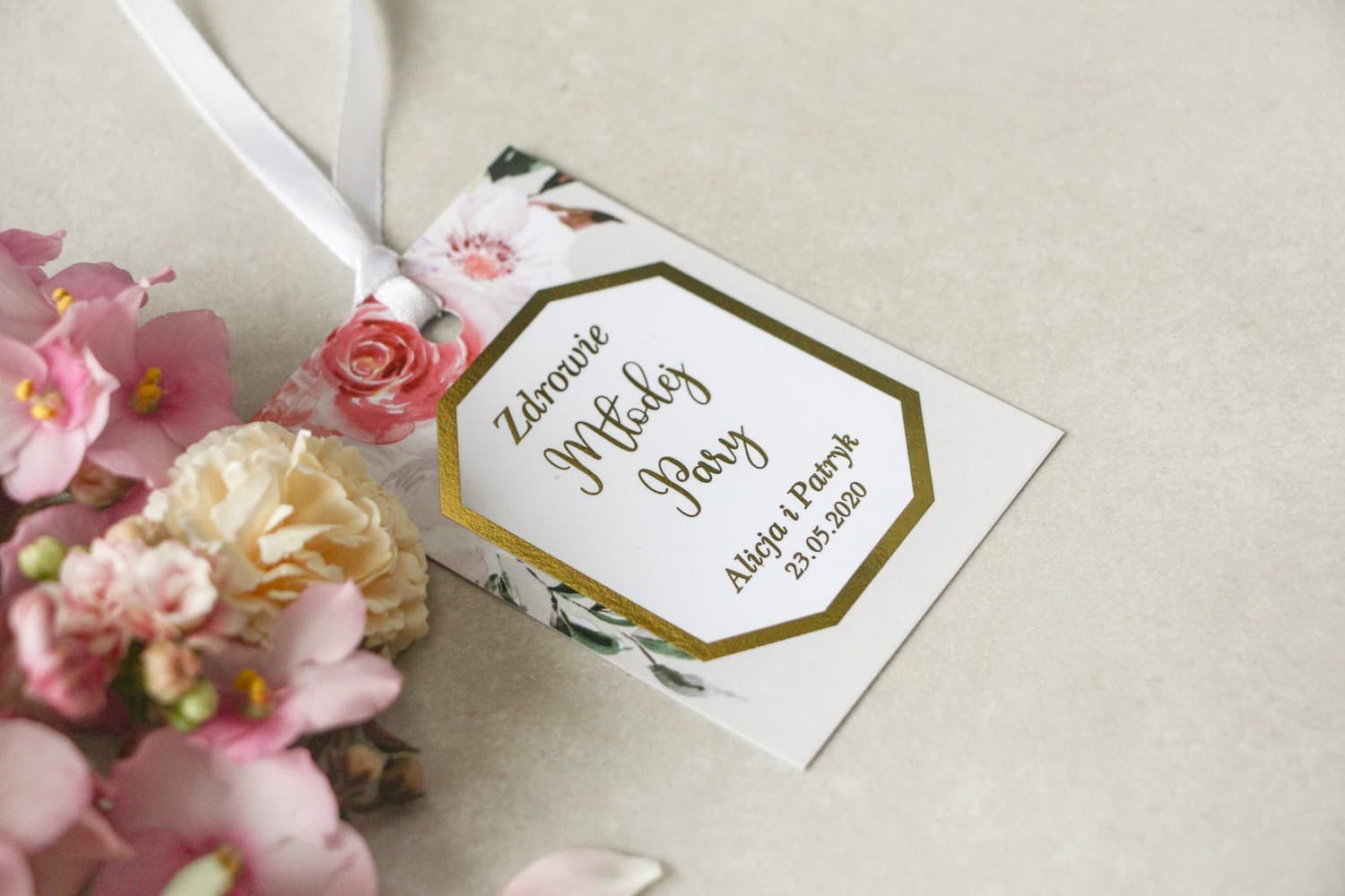 Gold Foiled Wedding Bottle Tags with Flowers | Personalized Wedding Vodka Labels | Lotus No. 1