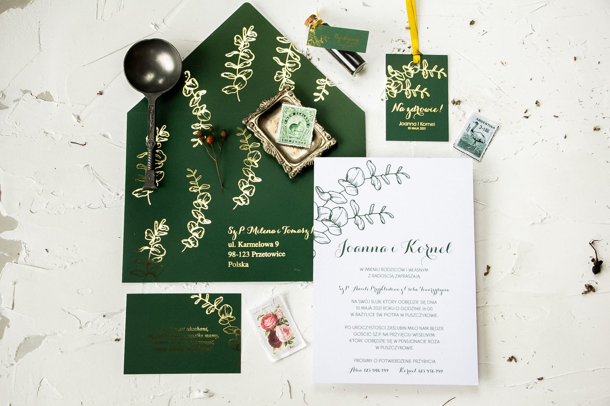 Gold Foiled Eucalyptus Invitation Card in Bottle Green | Wedding Invitation Insert | Pattern No. 2