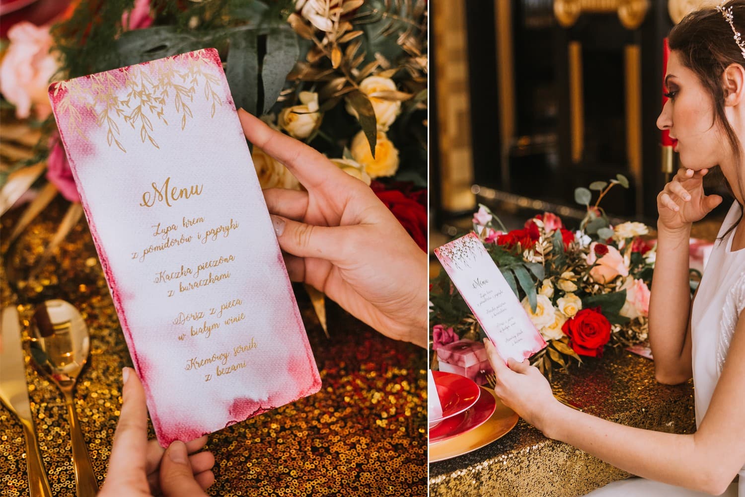 Gold Foiled Wedding Menu with Magenta Watercolor | Wedding Table Menu Card | Kamira No. 1