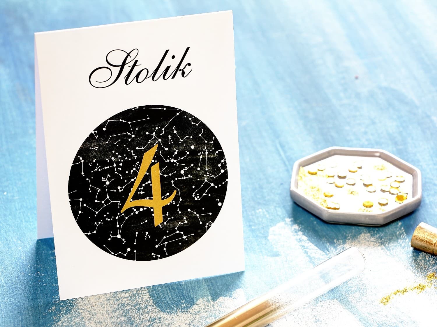 Gold Foiled Wedding Table Numbers with Celestial Motif | Elegant Glamour Table Cards | Moonlit Night No. 2