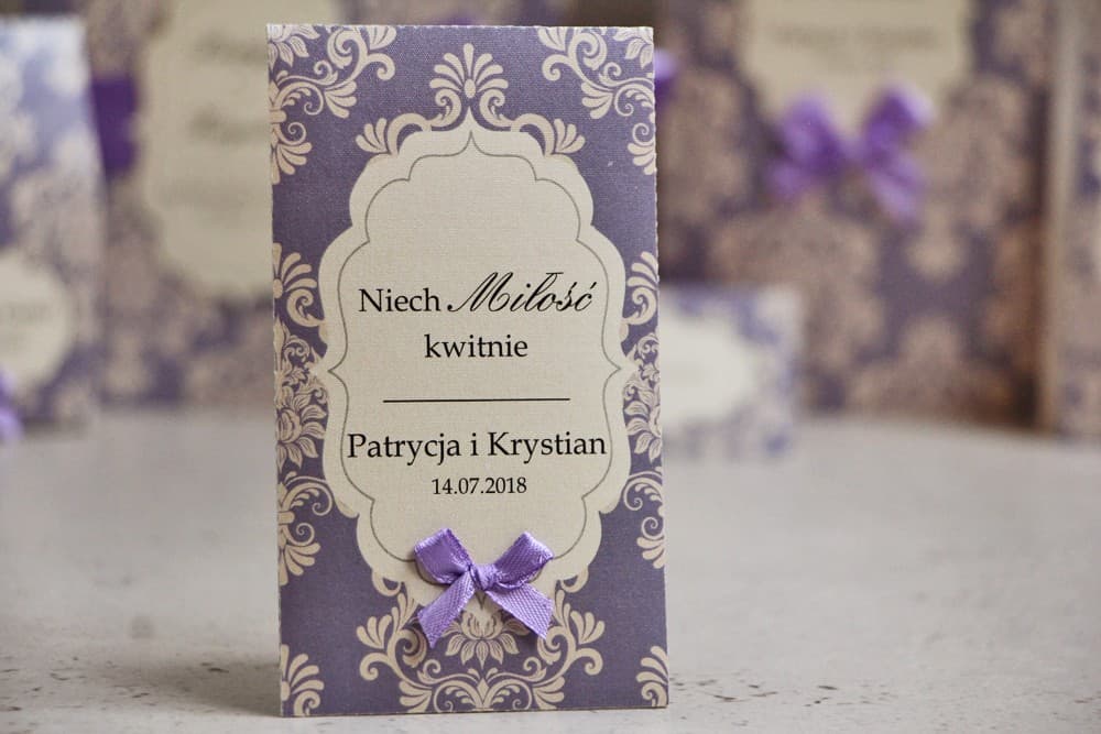 Cadeaux d'invités de mariage - graines de Myosotis Ornement n° 3 Cadeaux d'invités de mariage - graines de Myosotis - Ornement n° 3 - Lilas avec ornements et nœud