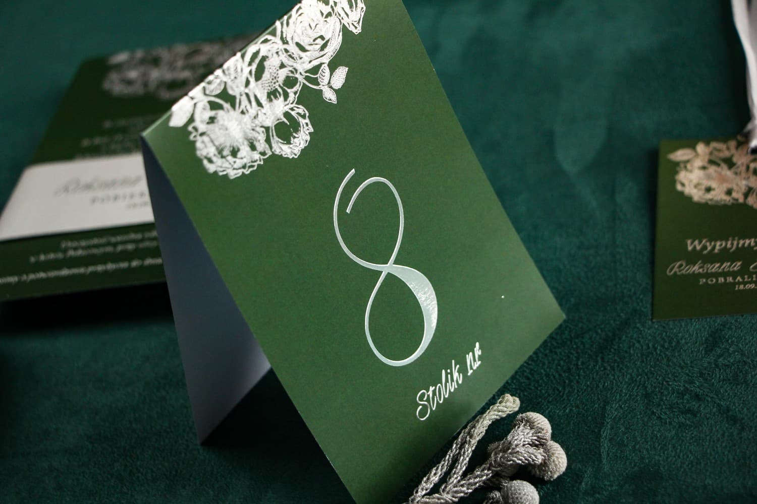 Elegant Green Silver Foiled Table Numbers | Glamour Wedding Table Cards | Mikado No. 3