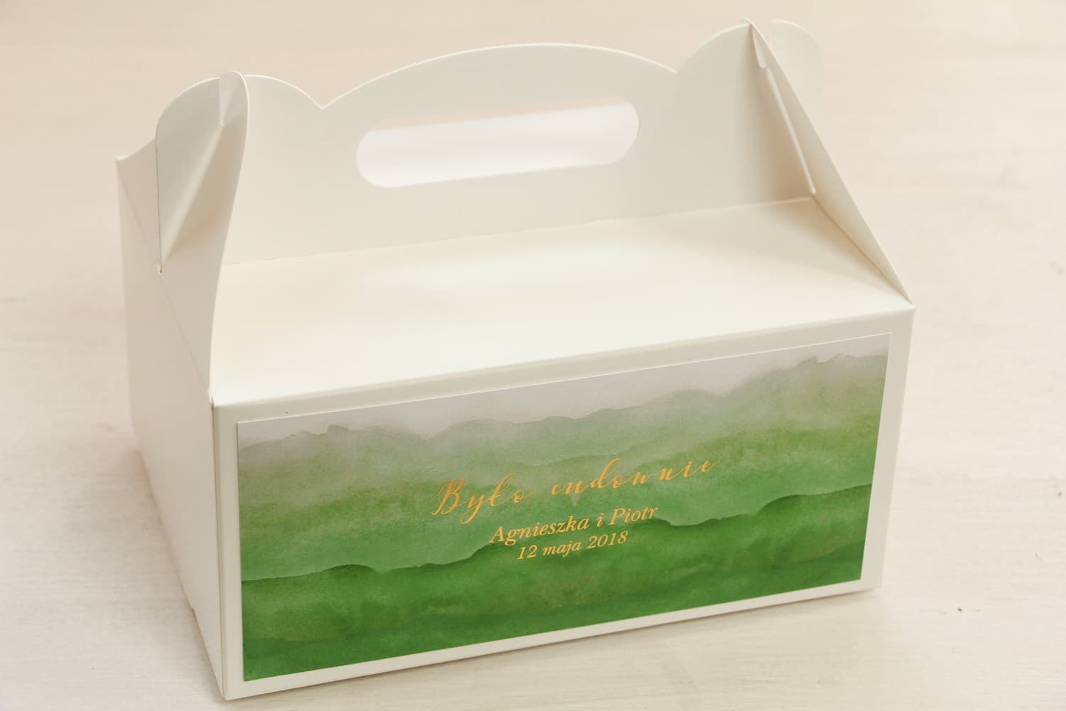 Green Watercolor Wedding Cake Box with Gold Foiling | Personalized Sweet Packaging | Delfina No. 4