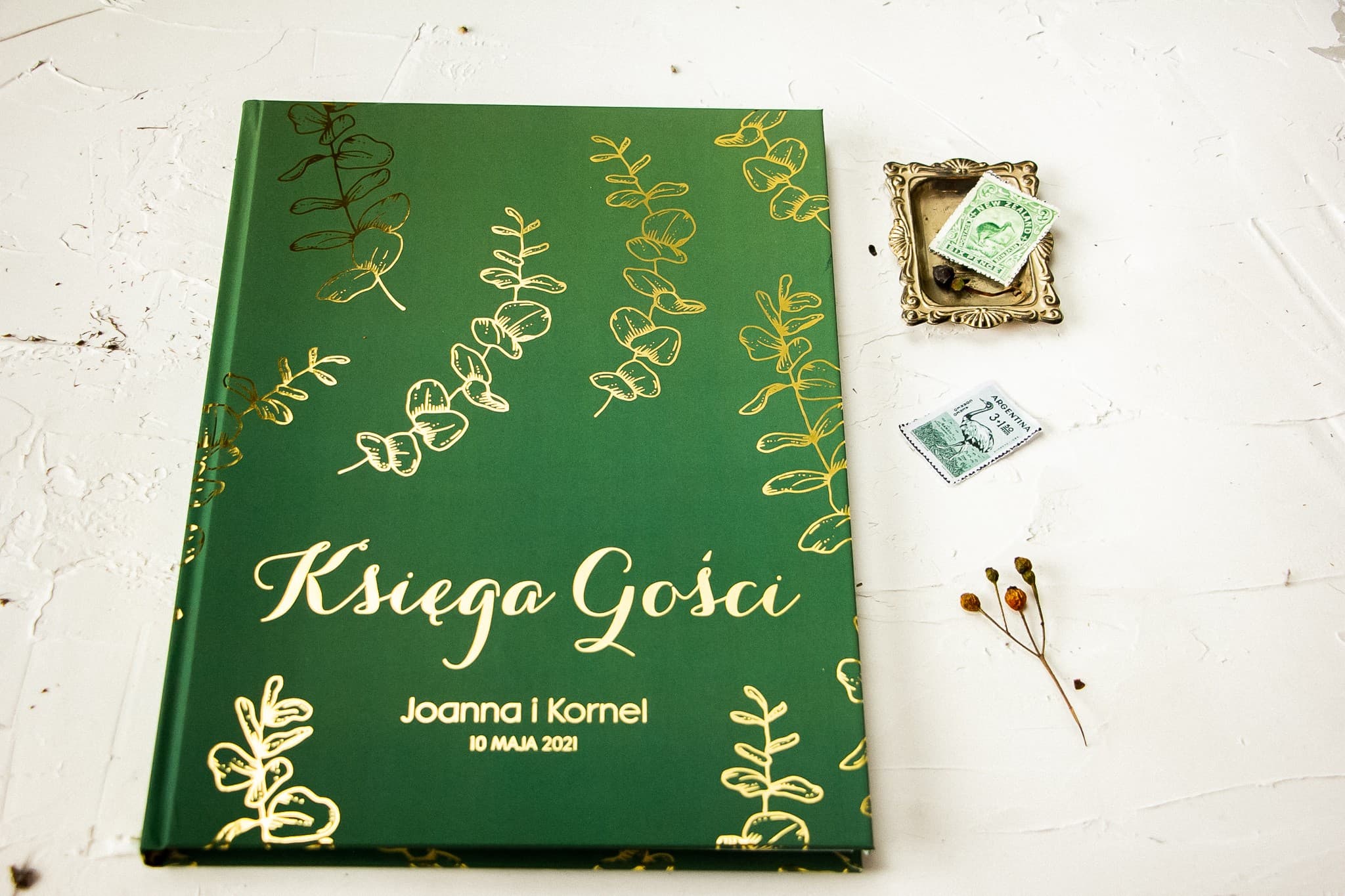 Green Wedding Guest Book Gold Foiled Leaves, Personalized | Elegant Wedding Guest Book | Design 2