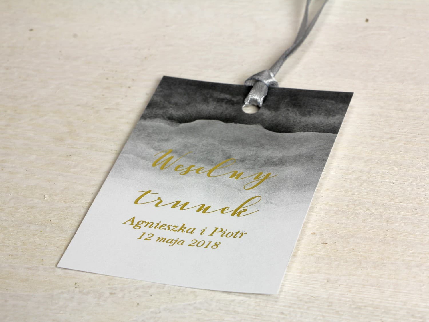 Elegant Grey Watercolor Bottle Tags, Gold-Foiled Lettering | Wedding Vodka & Alcohol Tags | Delfina No. 6