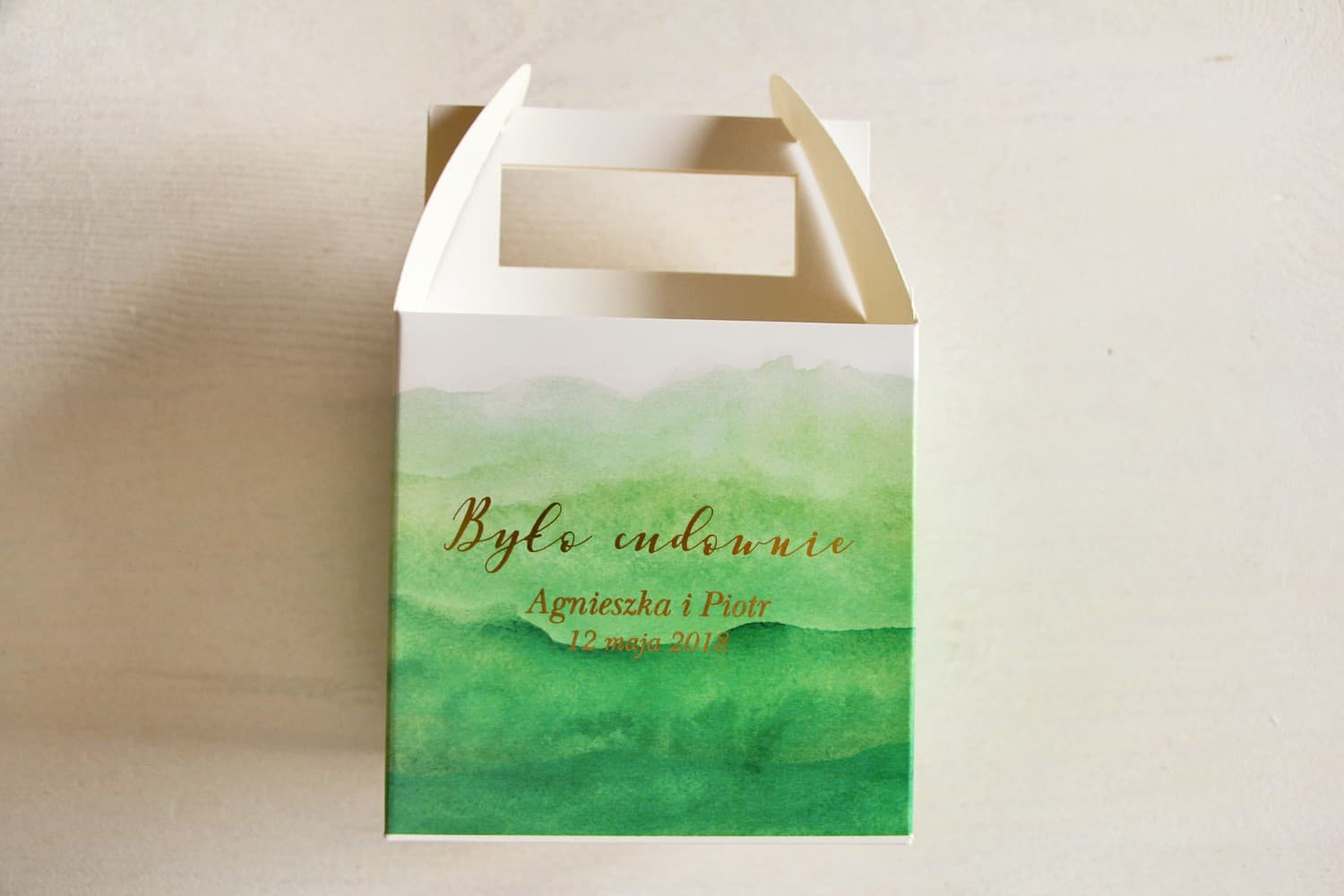 Grüne Tortenschachtel Hochzeit Aquarell Goldfolierung | Personalisierte Gastgeschenke | Delfina Nr. 4