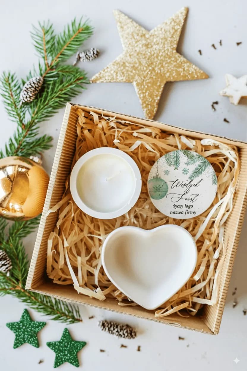 Handmade Corporate Christmas Set: Soy Candle and Heart Tray in a Box with Your Logo | Client Gifts | Box No. 29