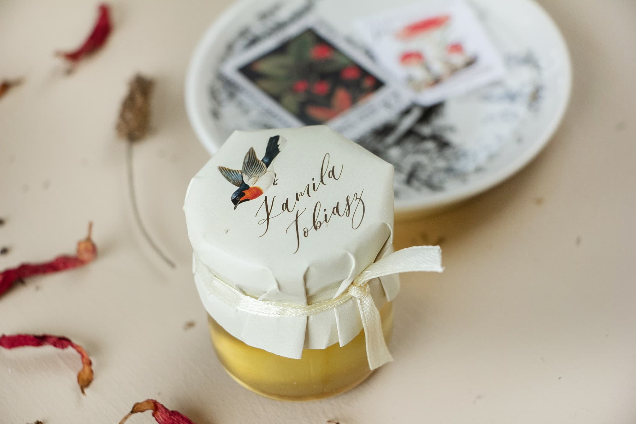 Polnischer Honig im Glas Opal Nr. 3 – Vintage Gastgeschenk mit Vogelmotiv