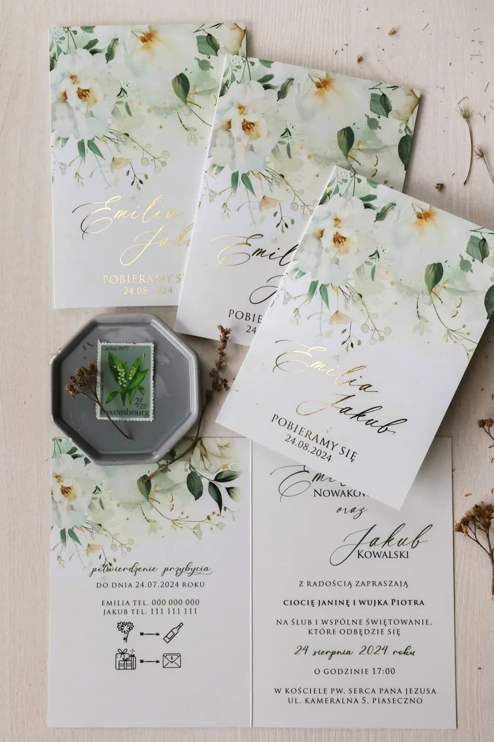 Botanische Hochzeitseinladungen mit Aquarell-Ruskus und Goldprägung – Ruskus Nr. 6