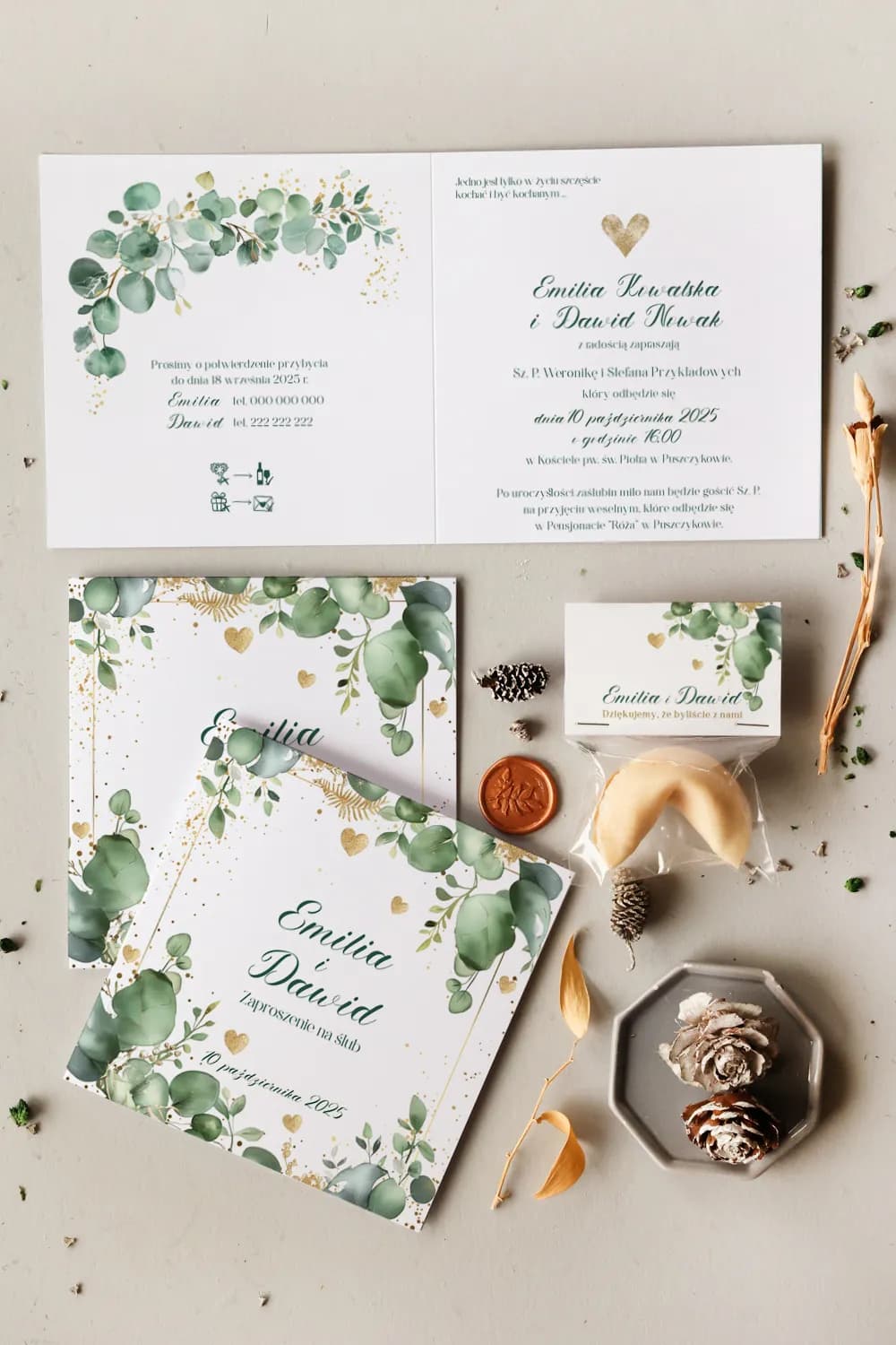 Hochzeitseinladung Cejla Nr. 10 – Vergoldetes Eukalyptus-Motiv