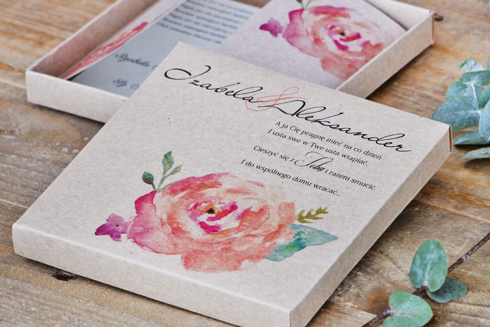Hochzeitseinladungen Eco in der Box mit Aquarell-Rose, personalisiert – Margaret Nr. 6