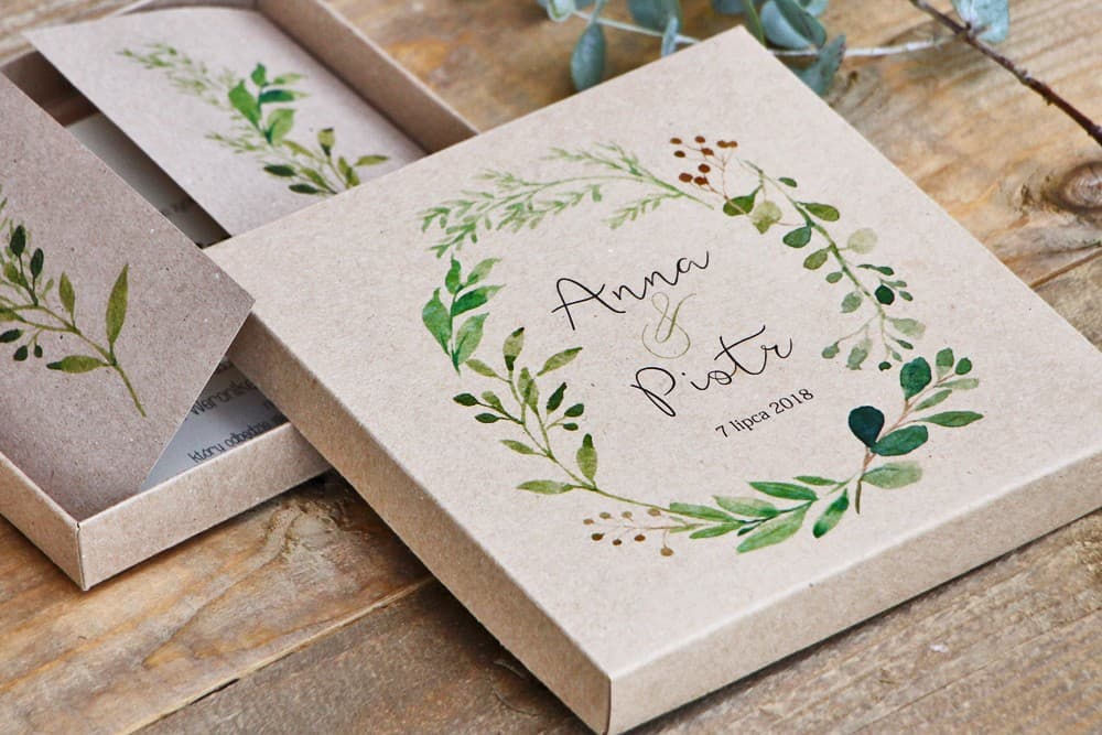 Ökologische Hochzeitseinladungen in der Box mit grünen Aquarell-Zweigen – Margaret Nr. 7